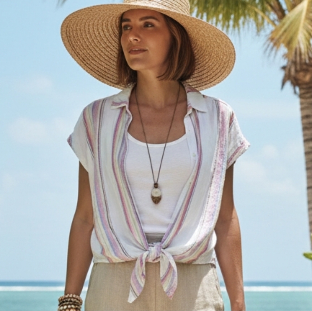 Jordache XS Bohemian Resortwear Beach Rainbow Striped Metallic Linen Shirt